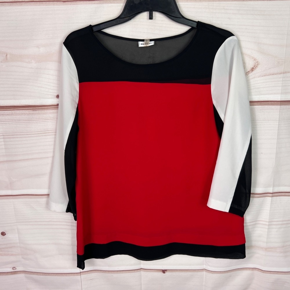 DKNYC Top Womens S Red Black Colorblock Blouse 3/4 Sleeve Round Neck Pullover